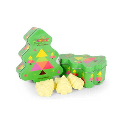 Christmas Tree Tin<br />Solid Chocolate Trees<br />White 90g